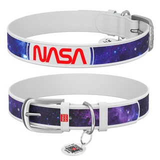 Ошейник для собак кожаный WAUDOG Design с QR паспортом, рисунок &quot;NASA21&quot;, S, Ш 15 мм, Дл 27-36 см, белый