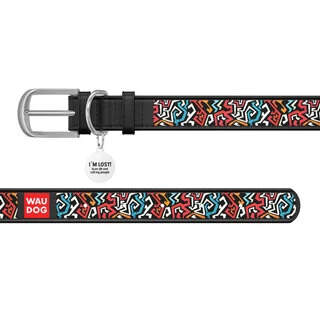 Ошейник WAUDOG Design с рисунком "Граффити 2", премиум кожа, металлическая пряжка (ширина 12 мм, длина 21-29 см), черный