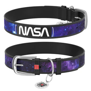 Ошейник для собак кожаный WAUDOG Design с QR паспортом, рисунок &quot;NASA21&quot;, XL, Ш 35 мм, Дл 46-60 см, черный