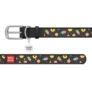 Ошейник WAUDOG Design с рисунком "Ананасы с мороженым", премиум кожа, металлическая пряжка (ширина 12 мм, длина 21-29 см), черный