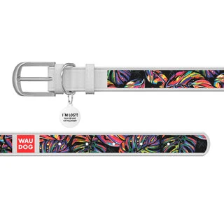 Ошейник WAUDOG Design с рисунком "Яркий тропик", премиум кожа, металлическая пряжка (ширина 12 мм, длина 21-29 см), белый