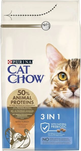 Сухий корм для дорослих котів Purina Cat Chow Feline 3-in-1 з формулою трійного дії, з індичкою 1.5 кг