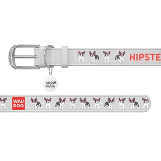 Нашийник WAUDOG Design з малюнком "Хіпстер", преміум шкіра, металевий пряжка (ширина 12 мм, довжина 19-25 см), білий