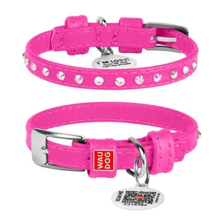 Нашийник для собак шкіряний WAUDOG Glamour з QR паспортом, з клейовими стразами, Ш 9 мм, Дл 19-25 см, рожевий