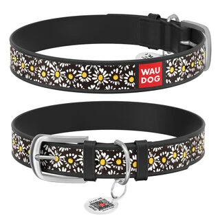 Ошейник WAUDOG Design с рисунком "Ромашки", премиум кожа, металлическая пряжка (ширина 20 мм, длина 30-39 см), черный