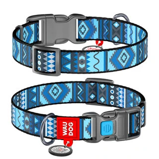 Ошейник для собак нейлоновый WAUDOG Nylon c QR паспортом, рисунок &quot;Этно синий&quot;, пластиковый фастекс, Ш 15 мм, Дл 23-35 см