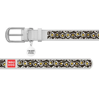 Ошейник WAUDOG Design с рисунком "Ромашки", премиум кожа, металлическая пряжка (ширина 15 мм, длина 27-36 см), белый
