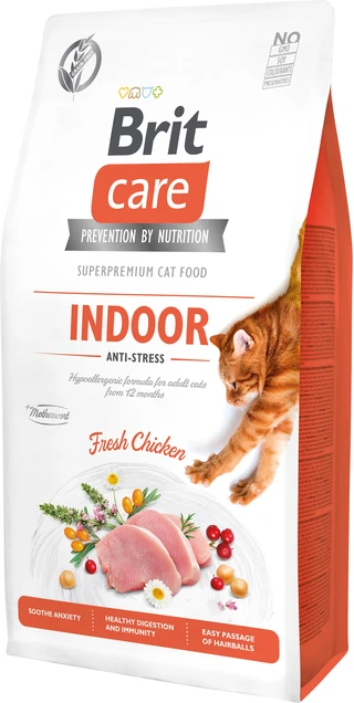 Сухой беззерновой корм для кошек, живущих в помещении, Brit Care Cat GF Indoor Anti-stress с курицей 7 кг