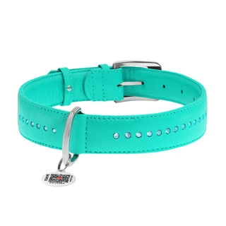 Ошейник для собак кожаный WAUDOG Glamour с QR паспортом, двойной со стразами, Ш 35 мм, Дл 46-60 см, ментоловый