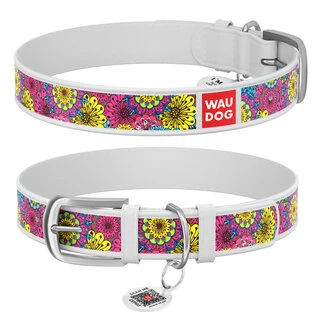 Ошейник WAUDOG Design с рисунком "Весна", премиум кожа, металлическая пряжка (ширина 20 мм, длина 30-39 см), белый