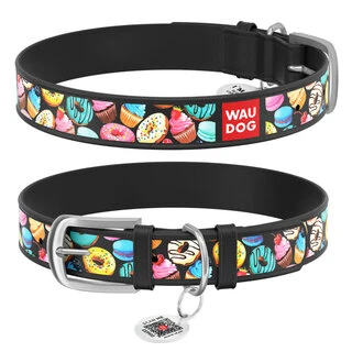 Нашийник для собак шкіряний WAUDOG Design з QR паспортом, малюнок "Пончики", Ш 15 мм, Дл 27-36 см, чорний