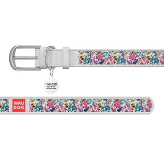 Ошейник WAUDOG Design с рисунком "Волшебные цветы", премиум кожа, металлическая пряжка (ширина 35 мм, длина 46-60 см), белый