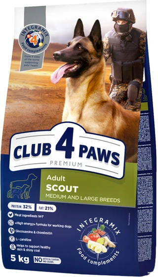 Сухий корм для дорослих робочих собак Club 4 Paws (Клуб 4 Лапи) Преміум Скаут 5 кг для середніх і великих порід