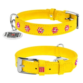 Нашийник для собак шкіряний WAUDOG Glamour з QR паспортом, з клейовими стразами "Квітка", Ш 15 мм, Дл 27-36 см, жовтий