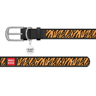 Ошейник WAUDOG Design с рисунком "Тигр", премиум кожа, металлическая пряжка (ширина 12 мм, длина 19-25 см), черный