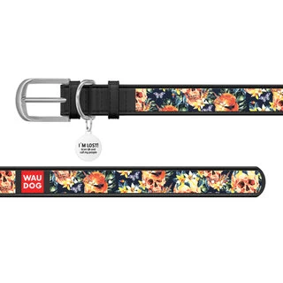 Ошейник WAUDOG Design с рисунком "Гламурные черепа", премиум кожа, металлическая пряжка (ширина 25 мм, длина 38-49 см), черный