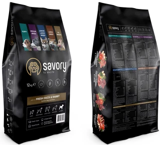 Сухой корм для собак всех пород Savory со свежим мясом утки и кроликом 12 кг