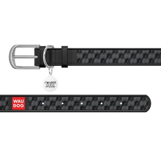Ошейник WAUDOG Design с рисунком "Капитоне", премиум кожа, металлическая пряжка (ширина 20 мм, длина 30-39 см), черный