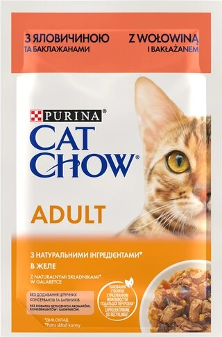 Упаковка вологого корму для дорослих котів Purina Cat Chow Adult з яловичиною та баклажанами 85 г x 26 шт