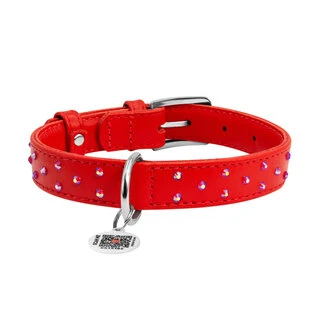Ошейник для собак кожаный WAUDOG Glamour с QR паспортом, с клеевыми стразами, Ш 25 мм, Дл 38-49 см, красный