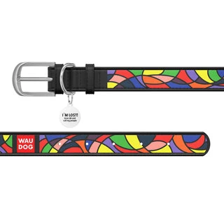 Ошейник для собак кожаный WAUDOG Design с QR паспортом, рисунок "Витраж", Ш 12 мм, Дл 19-25 см, черный