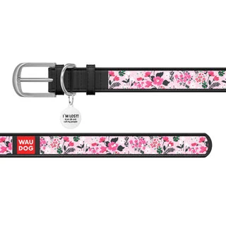 Ошейник WAUDOG Design с рисунком "Нежность", премиум кожа, металлическая пряжка (ширина 25 мм, длина 38-49 см), черный