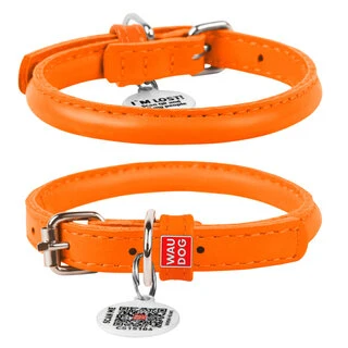 Ошейник для собак кожаный WAUDOG Glamour с QR паспортом, круглый, Д 8 мм, Дл 25-33 см, оранжевый