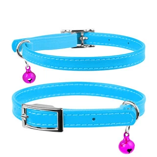 Ошейник для котов кожаный WAUDOG Glamour с QR паспортом, без украшений, Ш 9 мм, Дл 22-30 см, голубой