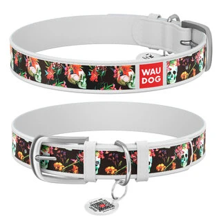 Ошейник WAUDOG Design с рисунком &quot;Черепа&quot;, премиум кожа, металлическая пряжка (ширина 12 мм, длина 19-25 см), белый