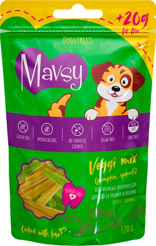 Лакомство для собак Mavsy Dental Care Veggi Stick Mix(pumpkin spinach) - Мавси Овощные палочки для ухода за зубами и деснами собак 120 г (4820266800321)