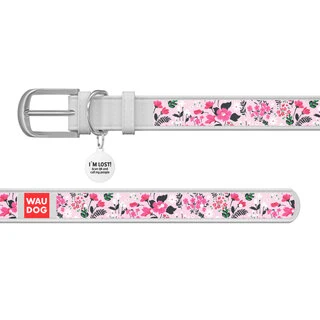 Ошейник WAUDOG Design с рисунком "Нежность", премиум кожа, металлическая пряжка (ширина 15 мм, длина 27-36 см), белый