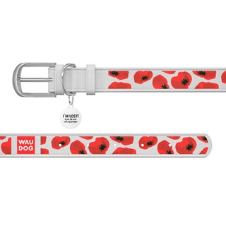 Ошейник WAUDOG Design с рисунком "Маки", премиум кожа, металлическая пряжка (ширина 12 мм, длина 19-25 см), белый