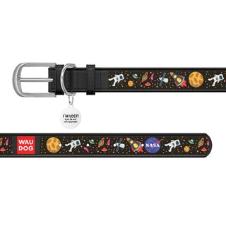 Нашийник для собак шкіряний WAUDOG Design з QR паспортом, малюнок "NASA", Ш 12 мм, Дл 21-29 см, чорний