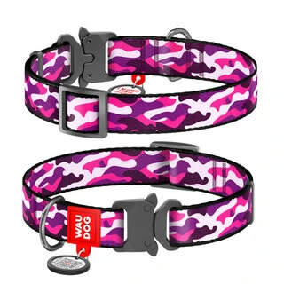 Ошейник для собак нейлоновый WAUDOG Nylon c QR паспортом, рисунок "Розовый камо", металлическая пряжка-фастекс, Ш 25 мм, Дл 35-58 см