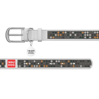 Ошейник WAUDOG Design с рисунком "Крестики", премиум кожа, металлическая пряжка (ширина 35 мм, длина 46-60 см), белый