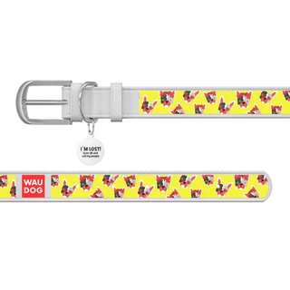 Ошейник WAUDOG Design с рисунком "Француз", премиум кожа, металлическая пряжка (ширина 20 мм, длина 30-39 см), белый