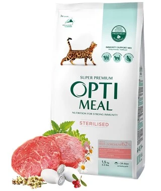 Сухий корм для стерилізованих кішок та кастрованих котів Optimeal Sterilised з високим вмістом яловичини та сорго 1,5 кг