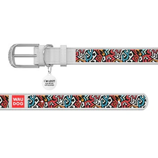 Ошейник WAUDOG Design с рисунком "Граффити 2", премиум кожа, металлическая пряжка (ширина 15 мм, длина 27-36 см), белый