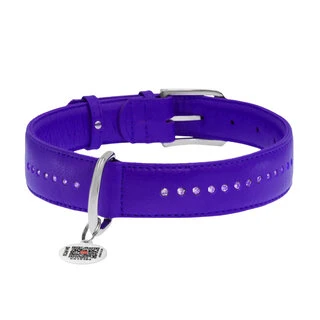 Ошейник для собак кожаный WAUDOG Glamour с QR паспортом, двойной со стразами, Ш 25 мм, Дл 38-49 см, фиолетовый
