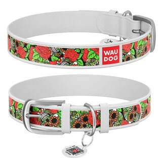 Ошейник WAUDOG Design с рисунком &quot;Черепа и розы&quot;, премиум кожа, металлическая пряжка (ширина 35 мм, длина 46-60 см), белый