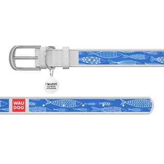 Ошейник WAUDOG Design с рисунком "Рыба", премиум кожа, металлическая пряжка (ширина 20 мм, длина 30-39 см), белый