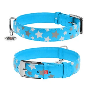 Ошейник для собак кожаный WAUDOG Glamour с QR паспортом, узор "Звёздочка", светящийся/светоотражающий, Ш 35 мм, Дл 46-60 см, голубой