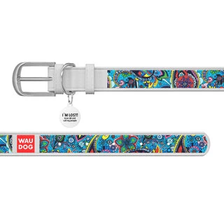 Ошейник WAUDOG Design с рисунком "Лазурь", премиум кожа, металлическая пряжка (ширина 25 мм, длина 38-49 см), белый