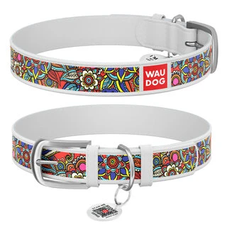Ошейник WAUDOG Design с рисунком &quot;Фолк&quot;, премиум кожа, металлическая пряжка (ширина 20 мм, длина 30-39 см), белый