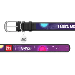 Ошейник для собак кожаный WAUDOG Design с QR паспортом, рисунок "Больше космоса", XS, Ш 12 мм, Дл 21-29 см, черный