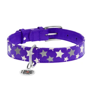 Ошейник для собак кожаный WAUDOG Glamour с QR паспортом, узор "Звёздочка", светящийся/светоотражающий, Ш 20 мм, Дл 30-39 см, фиолетовый