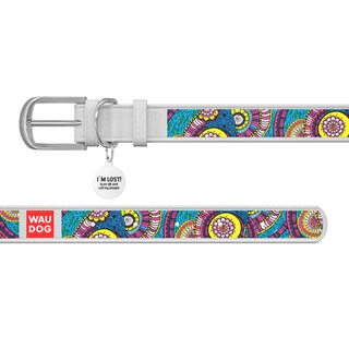 Ошейник WAUDOG Design с рисунком "Сказка", премиум кожа, металлическая пряжка (ширина 20 мм, длина 30-39 см), белый