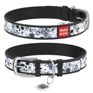 Ошейник WAUDOG Design с рисунком "Черно-белые черепа", премиум кожа, металлическая пряжка (ширина 15 мм, длина 27-36 см), черный