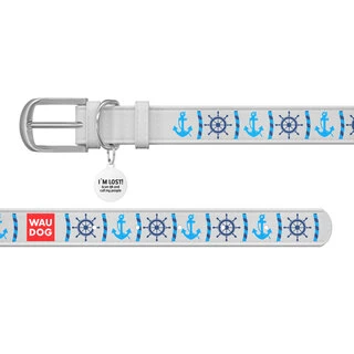 Ошейник WAUDOG Design с рисунком "Якоря", премиум кожа, металлическая пряжка (ширина 12 мм, длина 19-25 см), белый