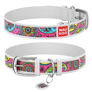 Ошейник WAUDOG Design с рисунком &quot;Пейсли&quot;, премиум кожа, металлическая пряжка (ширина 12 мм, длина 21-29 см), белый